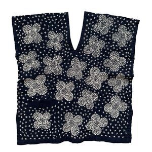 Vintage Hand-Embroidered Indigo Cotton Top Floral Star Pattern Boho Ethnic M/L